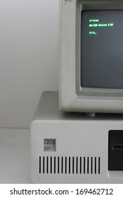 LJUBLJANA, SLOVENIA - JANUARY 03, 2014: Very Old Personal Computer IBM PC XT Was IBM's Successor To The Original IBM PC (1981) Working With MS DOS Operating System.