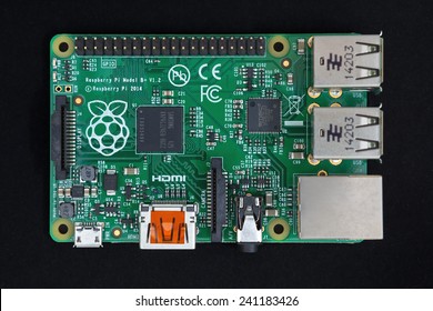 LJUBLJANA, SLOVENIA - JANUARY 1, 2015: New Raspberry Pi Version B+ V1.2 Computer Developed In The UK By The Raspberry Pi Foundation. Model B+ Has 4 USB Ports, More Memory And Larger GPIO Connector.  