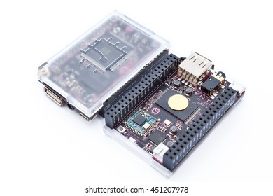 LJUBLJANA, SLOVENIA - JULY 10, 2016: Top And Bottom View Of C.H.I.P. Single-board Computer By Next Thing Co., Released In 2016.  It Is The World's First $9 Computer. It Features Built In WiFi.
