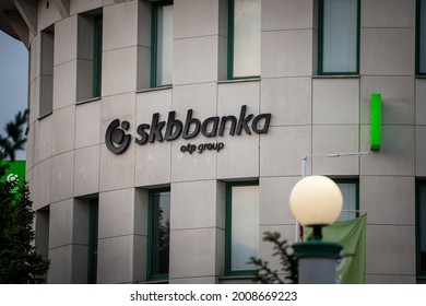 LJUBLJANA, SLOVENIA - JUNE 12, 2021: SKB Banka  logo on their Ljbljana office. SKB group banka, part of OTP group is a Slovenian retail and commercial bank, one of the financial leaders of the country