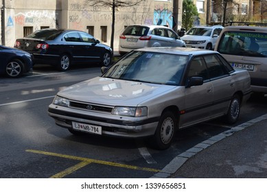 LJUBLJANA, SLOVENIA - MARCH 14, 2019: Subaru Legacy First Generation  Mid-size Popular 1990s Family Car Developed By Japanese Fuji Heavy Industries.