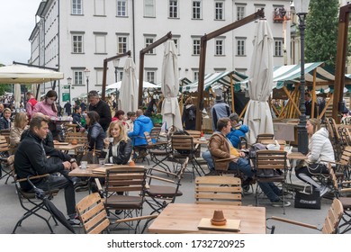 Ljubljana / Slovenia - May 16, 2020: Slovenia Declared An End To The Corona Virus Epidemic, And Public Life Is Resuming, As People Visit Outdoor Cafes And Farmers' Markets.