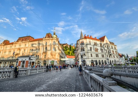 Ljubljana, Slovenia - May 20, 2018: View on city center, old buildings and Ljubljana's castle, Ljubljana, Slovenia. Ljubljana is the capital of Slovenia