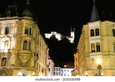 Ljubljana, Slovenia. Night View Of The Castle From The Old Town.