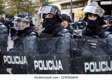 Ljubljana, Slovenia - October 05, 2021: Slovene Police Special Forces On The Streets Of Ljubljana