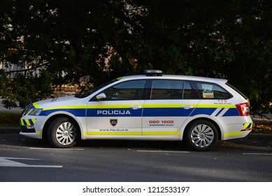 LJUBLJANA, SLOVENIA - OCTOBER 25, 2018: Skoda Octavia Police Car On Duty