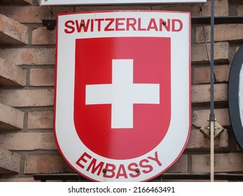 LJUBLJANA, SLOVENIA - SEPTEMBER 15, 2021: Sign Indicating The Switzerland Embassy Of Ljubljana. It Is The Official Diplomatic Representation Of The Swiss Confederation In Slovenia, In European Union.
