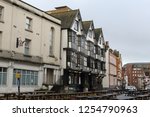 The Llandoger Trow building, with typical balconies and wooden structures and columns, in a cloudy winter day in Bristol, United Kingdom, Spain