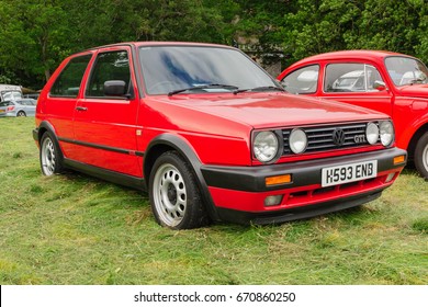 Llangollen Wales UK - July 1 2017: Volkswagen Golf GTI Mark 2 a classic German car from the 1980s the Mk2 featured a 1.8 litre fuel injected engine often described as a hot hatch