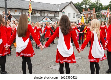 Llangollen Wales UK - July 7 2017: Irish Female Folk Dancers  At The International Musical Eisteddfod Street Parade In Llangollen Celebrating Folk Music And Dance From Around The World