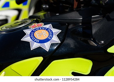 Llangynidr, Brecon,  Wales, UK, July 07, 2018: Close Up Welsh Gwent Police Motorcyclist Logo On Bike