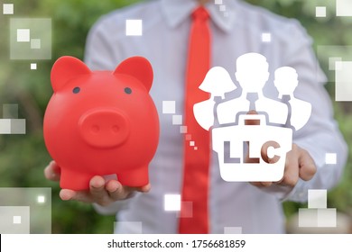 LLC Limited Liability Company Business Concept. Businesswoman Hold Red Piggy Bank And Touch Team Briefcase LLC Virtual Icon.