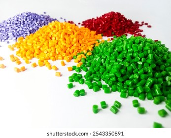 lldpe.cold cutting type masterbatch granules, colorful plastic raw material resin coloring pigment granules, isolated on white background, for industrial plastic company profile product catalog design