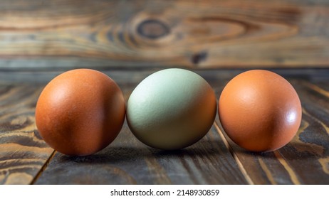 Llight blue and brown eggs. Easter Festival concepts. Araucana egg and the egg of an ordinary chicken on wooden background. Easter eggs. Space for text.