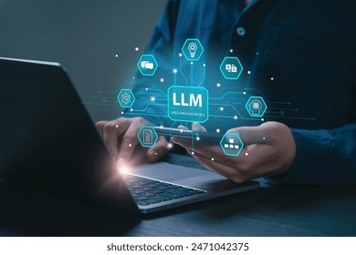 LLM, AI Large Language Model concept. Businessman holding a smartphone with LLM icons on virtual screen. A language model distinguished by its general-purpose language generation capability. Chat AI.