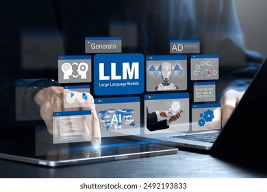 LLM, AI Large Language Model concept. Businessman use tablet and laptop with LLM icons. A language model distinguished by its general-purpose language generation capability. Chat AI.