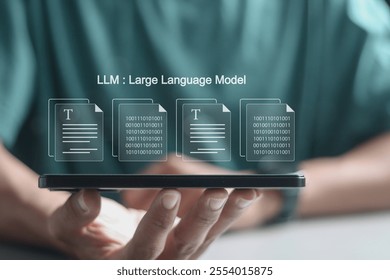 LLM, AI large language model concept, Big data, data transfer, generative ai, natural language generative and data mining. Person with large language model on virtual screen.