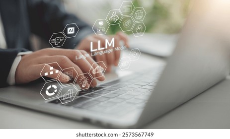 LLM, AI Large Language Model concept. Businessmen working on laptops with LLM icons on virtual screens. A language model distinguished by its general-purpose language generation capability. Chat AI.
