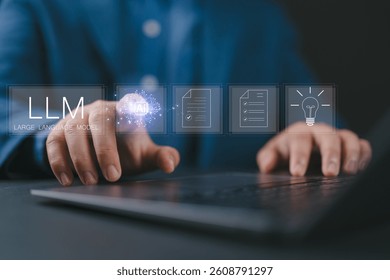 LLM, AI large language model concept, Big data, data transfer, generative Ai, natural language generative and data mining. Businessman touch large language model on virtual screen.