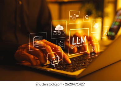 LLM Large Language Model and AI technology concept. Man working with LLM interface icons, artificial intelligence, deep learning, machine learning, natural language processing, Chat AI, Chatbot,