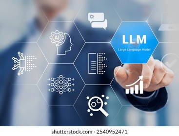 LLM (Large Language Model) technology to analyse and generate text with icons of AI computing, machine learning, data analysis, big data, document analysis, chatbot. Businessman touching icon. - Powered by Shutterstock