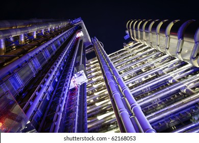 The Lloyd's Building (also known as The Inside-Out Building) closeup by night