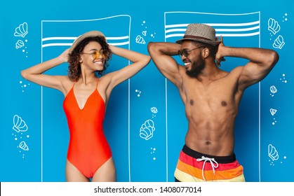 LLve, Travel, Tourism And Summer Concept. African American Couple On Vacation Sunbathing On Beach, Smiling At Each Other, Conceptual Photo