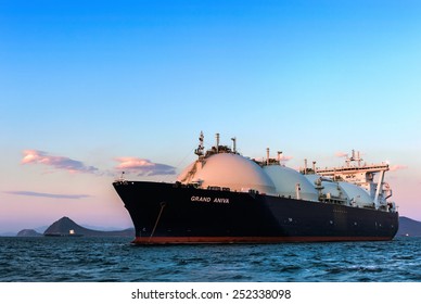 LNG carrier Grand Aniva at sunset on the roads of the port of Nakhodka. Far East of Russia. East (Japan) Sea. 31.03.2014