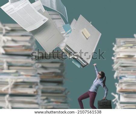 Load of paperwork and tax forms falling over a scared businesswoman, business management and bureaucracy concept