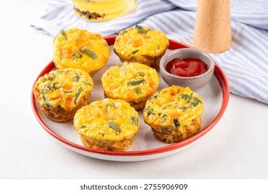 Loaded egg bites with spring vegetables, spinach, carrot, tomato, green beans,  healthy vegan diet food recipe for brunch, breakfast, Simple and quick baked eggs balanced snack