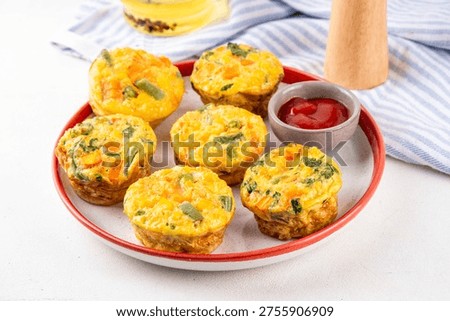 Loaded egg bites with spring vegetables, spinach, carrot, tomato, green beans,  healthy vegan diet food recipe for brunch, breakfast, Simple and quick baked eggs balanced snack