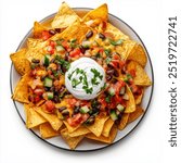 Loaded nachos with cheese, jalapeños, and sour cream, isolated on white background

