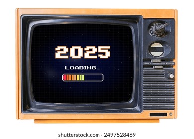 LOADING 2025 .pixel art .8 bit. retro game. for game assets in vector illustrations. old TV background. glowing neon grid and star from vintage arcade computer games - Powered by Shutterstock