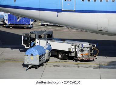 Loading An Airplane With Airfreight At An Airport