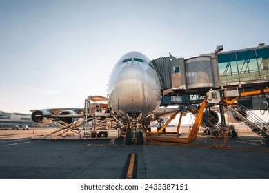 Loading of airplane before departure. Front view of plane at airport on sunny day.