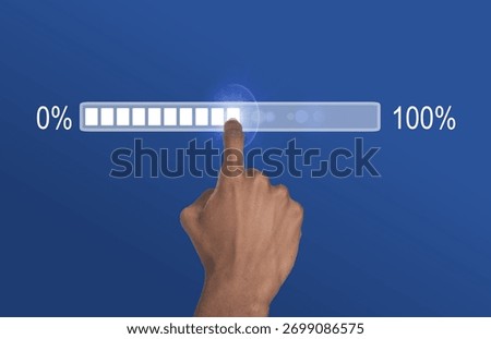 Loading bar completion concept. Hand of African American man pointing from 0 to 100 percent, symbol of fast progress, data upload, software development, and modern digital strategy.