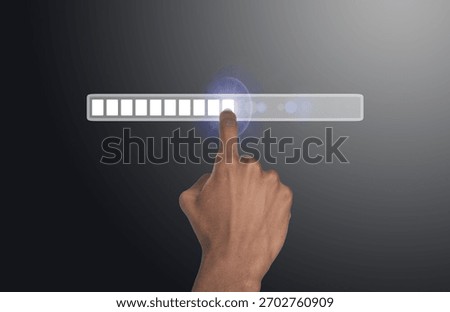 Loading bar developing process. Hand of African American man touching digital screen, symbol of AI innovation, data transfer, software update, and modern business technology progress concept.