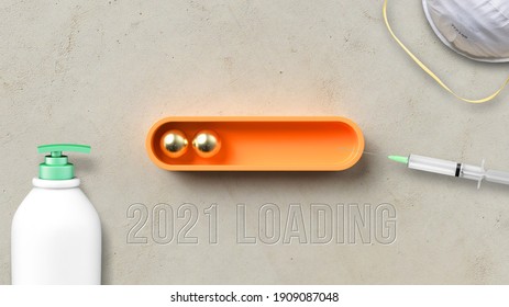 loading bar visualization with message 2021 LOADING surrounded by a syringe, hand wash and a face mask on concrete background