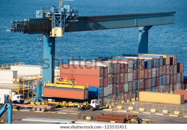 loading container on truck in\
port