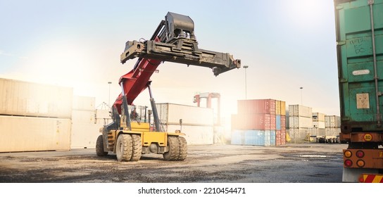 Loading contractor, logistics and cargo containers at storage in shipyard for supply chain, distribution and warehouse. Shipping and transport of goods for import and export at international harbor