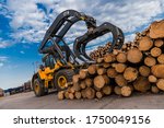 Loading equipment for logging. Log loader for timber, logs. Log loader moves stack of pine logs. Lumber industry. Woodworking factory. Firewood cut tree trunk logs stacked prepared.