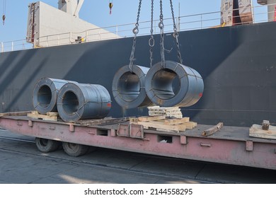 Loading Of Hot Rolled Steel Coils On Board Of Cargo Ship Using Braided Wire Slings