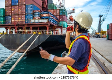 loading master, harbor controller in charge of containers shipment in port terminal, command by walkie talkie radio, communication online and swift report, the services logistics and transportation