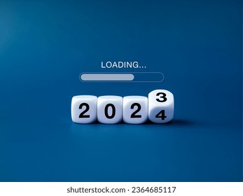 Loading to Merry christmas and begin a happy new year 2024 banner background. Loading, text appears on white flipping blocks with 2023 change to 2024 year numbers on blue background, minimal style.