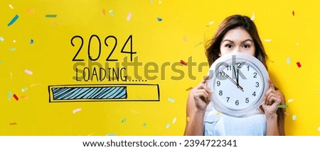 Loading new year 2024 with young woman holding a clock showing nearly 12