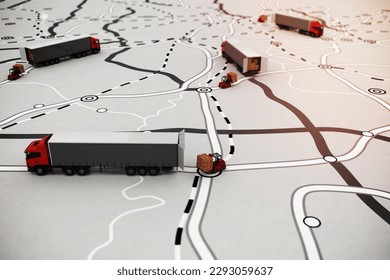 Loading pallets of boxes on truck on a road map. Concept of global shipment and GPS tracking. 3D rendering