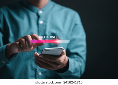 Loading process concept. Person using smartphone with virtual loading bar for download software and waiting to loading digital business data form website.
