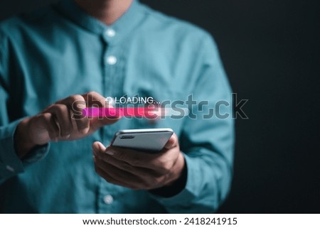 Loading process concept. Person using smartphone with virtual loading bar for download software and waiting to loading digital business data form website.