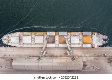 Loading The Vessel With Grain, Corn At The Seaport. View From Above.