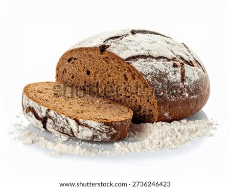 A loaf of brown bread with two slices cut off isolated on white background